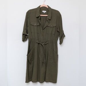 NWOT Calvin Klein Size 10 Olive Green Linen Blend Shirt Dress